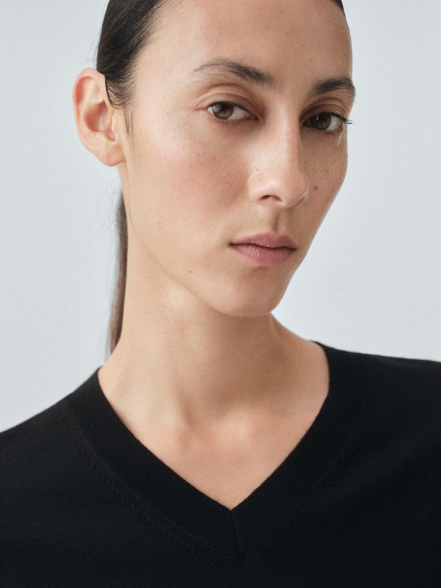 Product image 6 of 7, which shows Mango Kelly Wool Short Sleeve V Neck Jumper, Black, XS