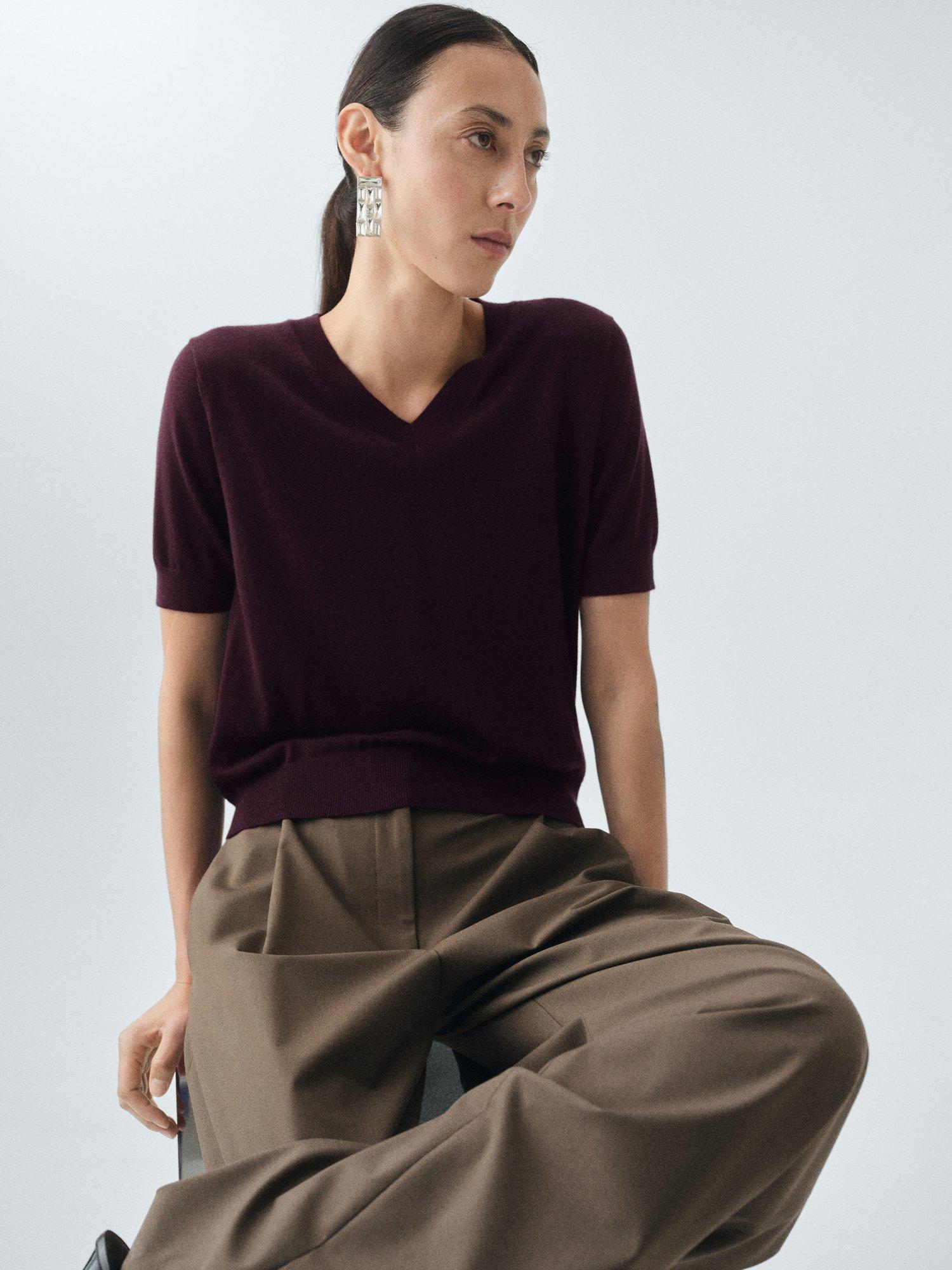 Product image 1 of 8, which shows Mango Kelly Pure Wool Knit Top, Dark Red, XS