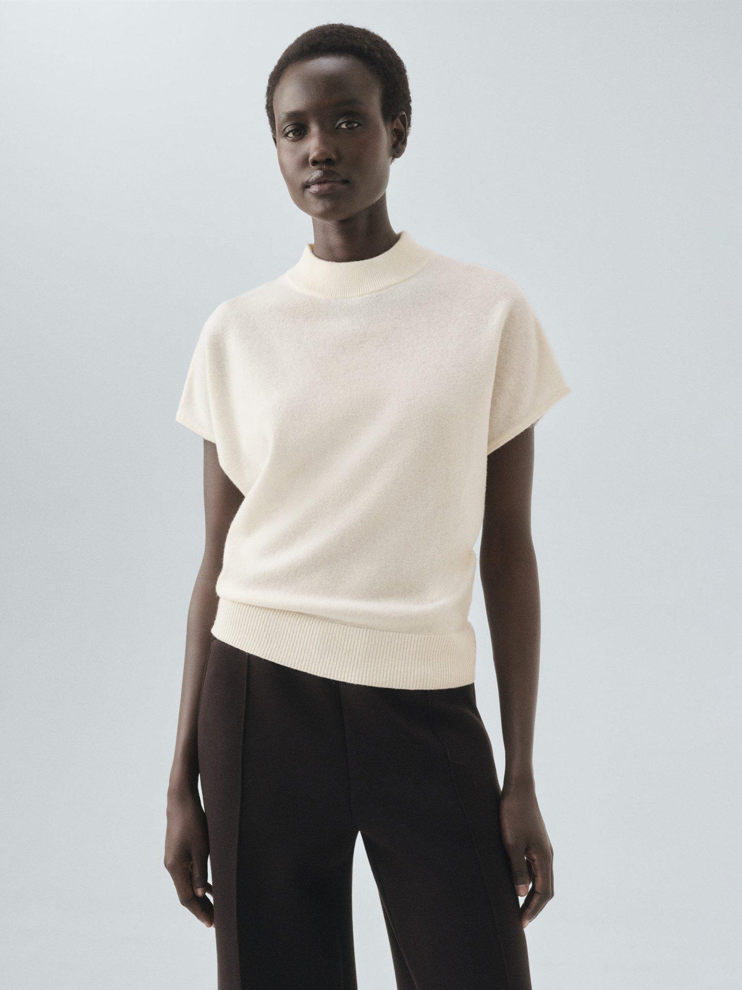 Product image 1 of 7, which shows Mango Libra High Neck Wool Rich Knit Top, Light Beige, XS