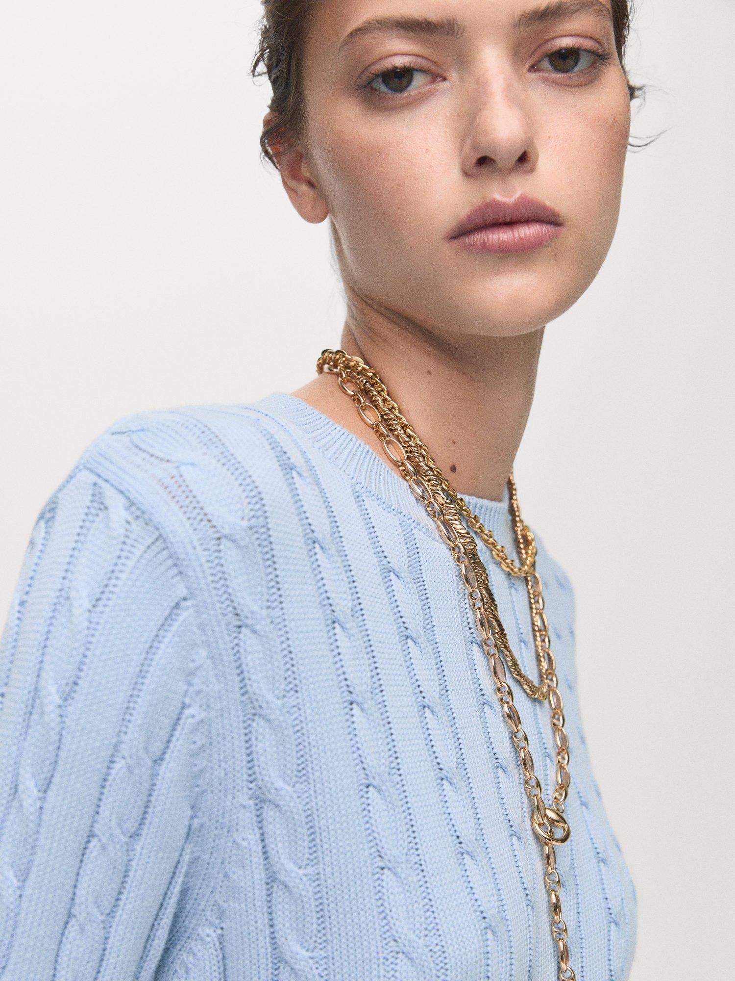 Product image 6 of 9, which shows Mango Sunny Cable Knit Jumper, Pastel Blue, 6XL