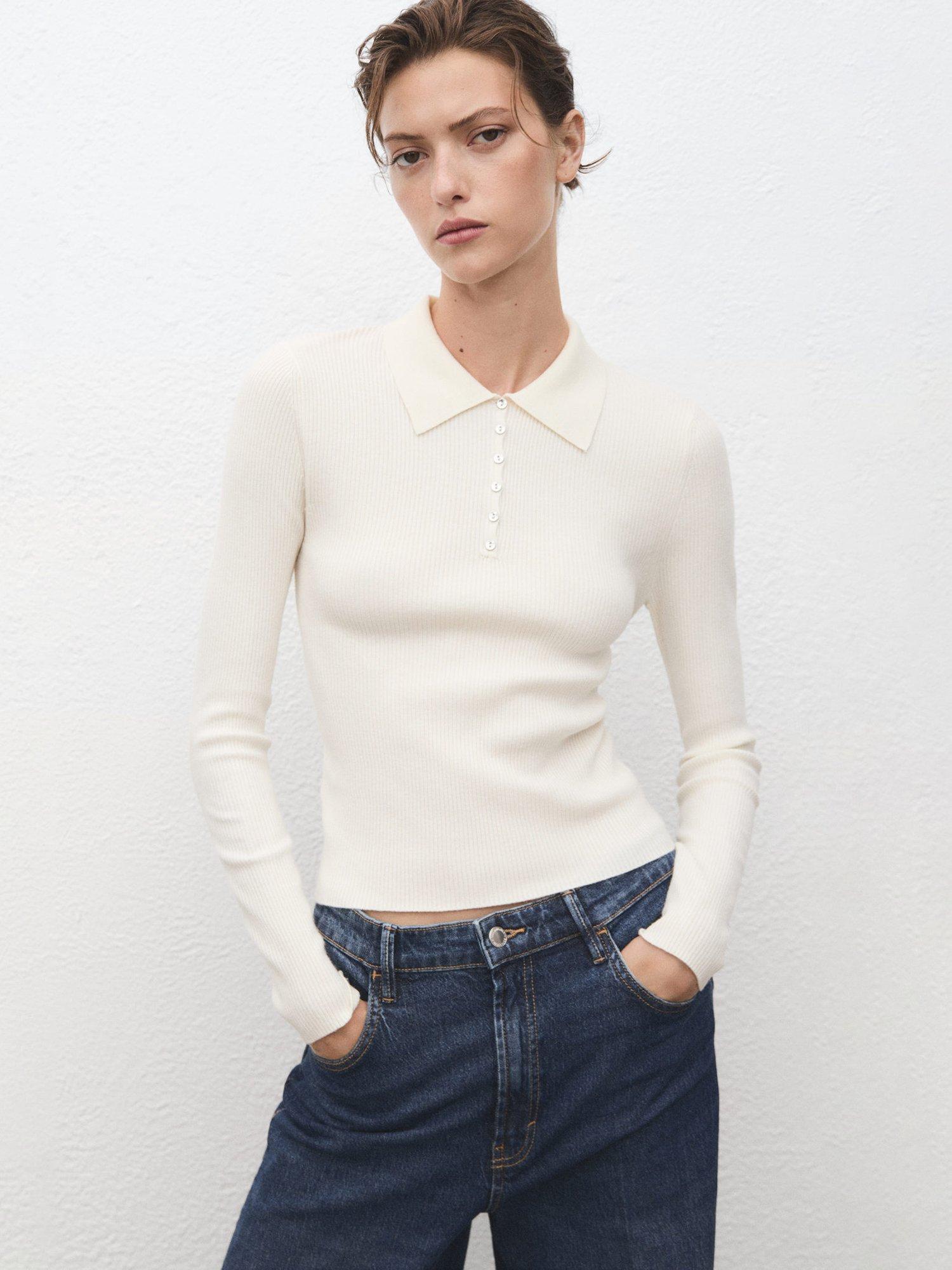 Product image 1 of 8, which shows Mango Twenties Ribbed Polo Knit Top, Light Beige, XXL