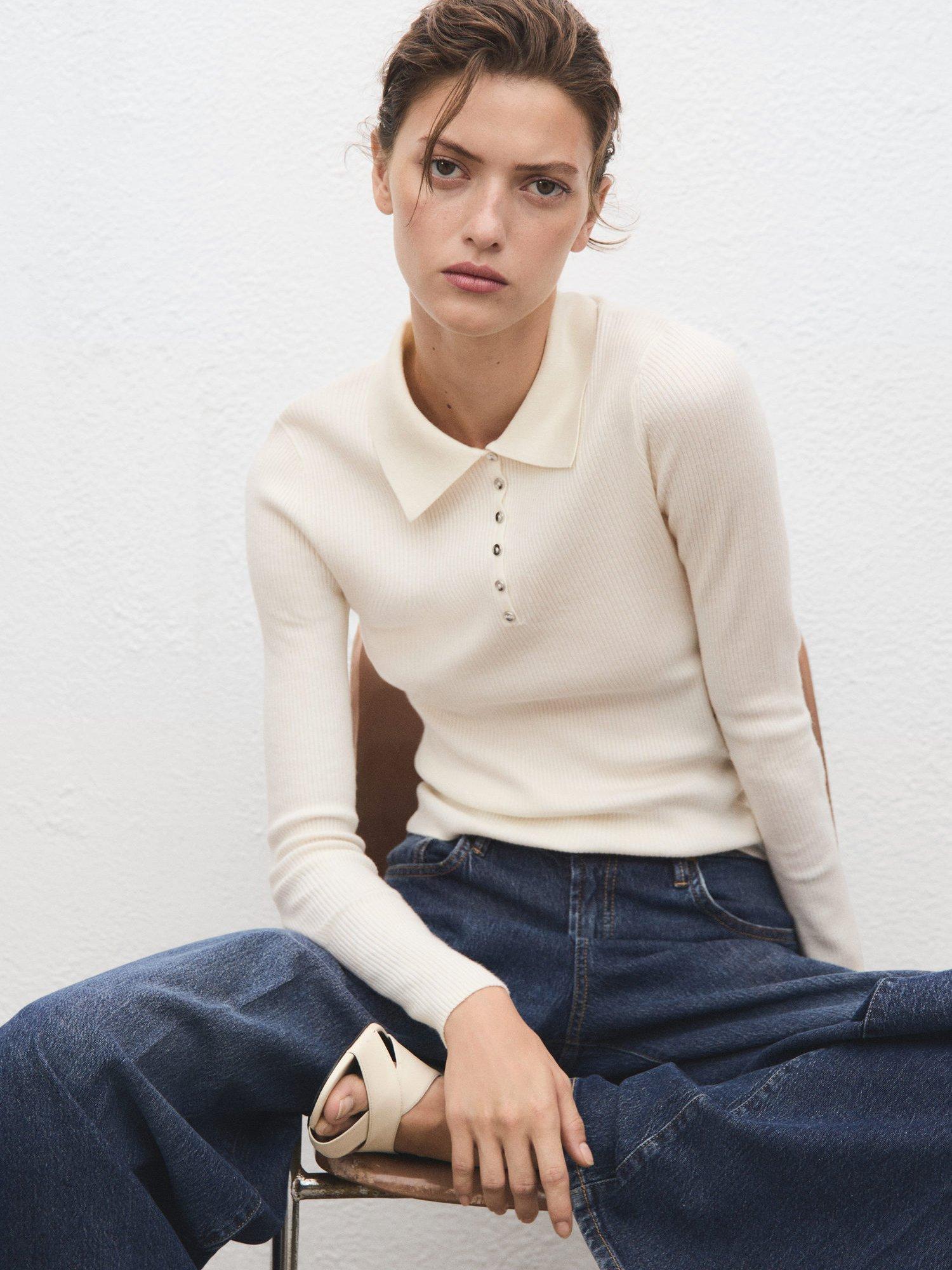 Product image 7 of 8, which shows Mango Twenties Ribbed Polo Knit Top, Light Beige, XXL