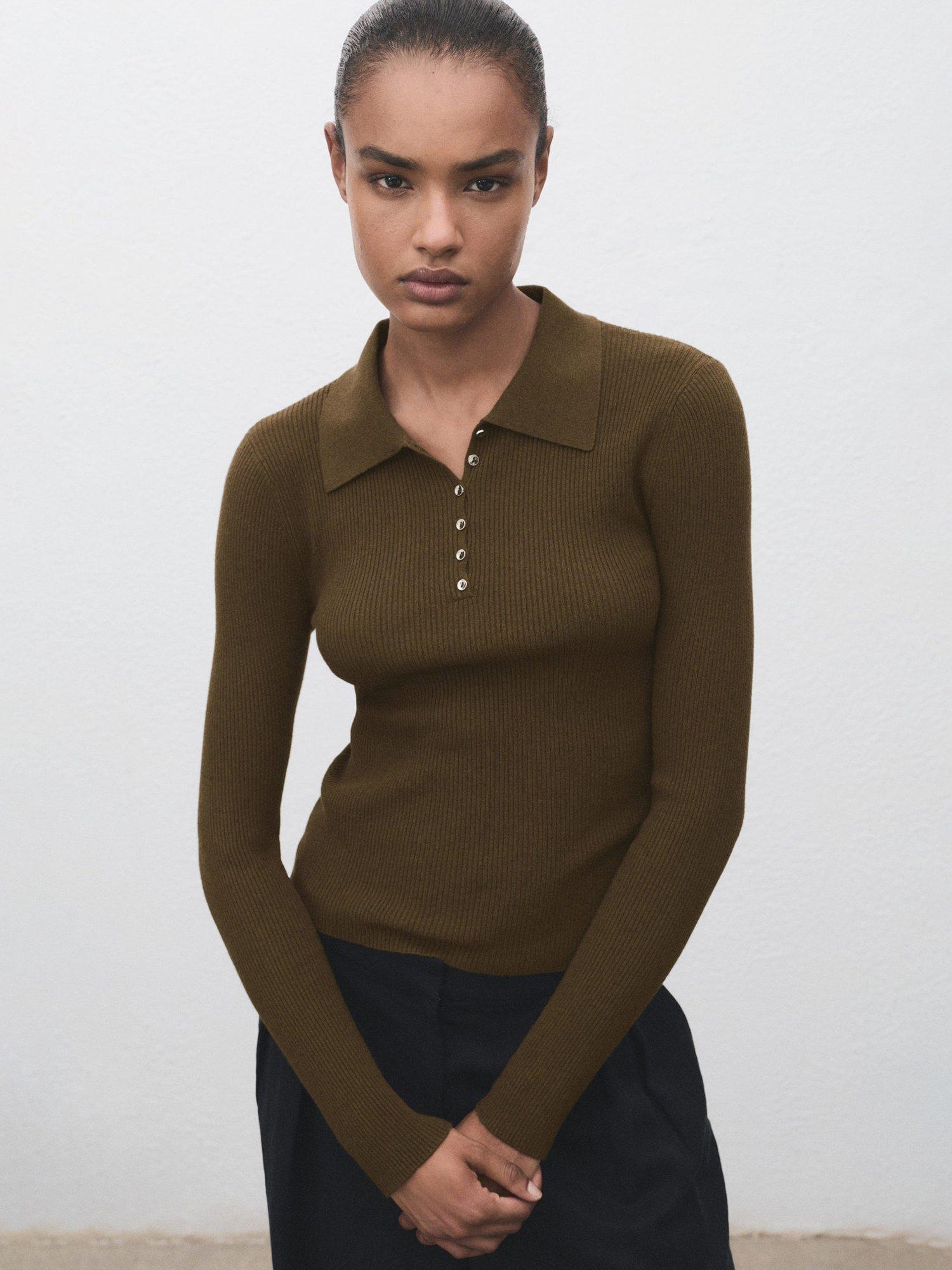 Product image 1 of 7, which shows Mango Twenties Ribbed Polo Knit Top, Khaki, XXS
