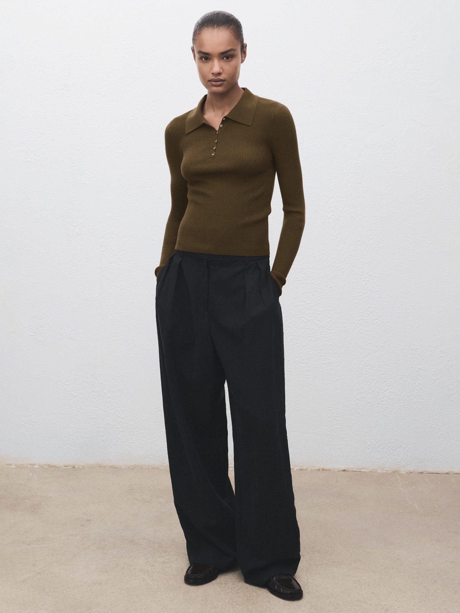 Product image 2 of 7, which shows Mango Twenties Ribbed Polo Knit Top, Khaki, XXS