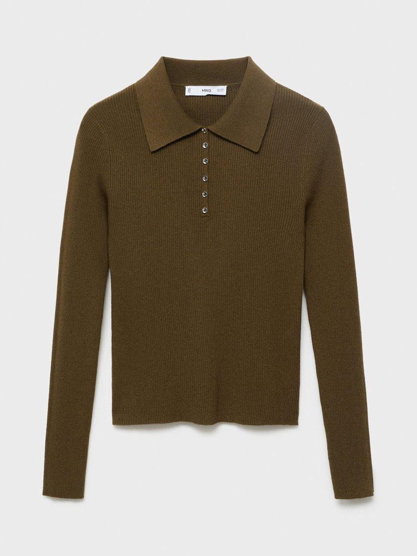 Product image 3 of 7, which shows Mango Twenties Ribbed Polo Knit Top, Khaki, XXS