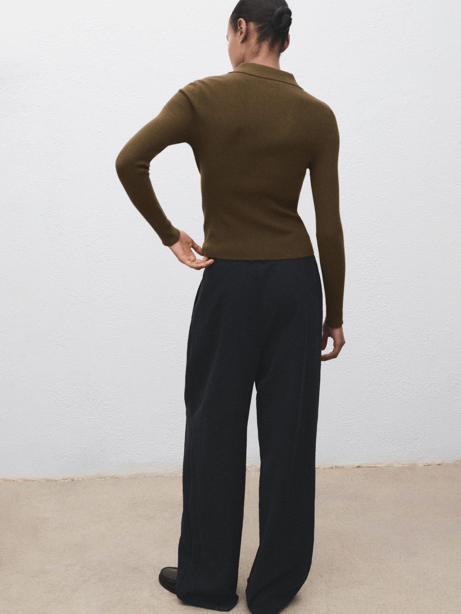 Product image 4 of 7, which shows Mango Twenties Ribbed Polo Knit Top, Khaki, XXS