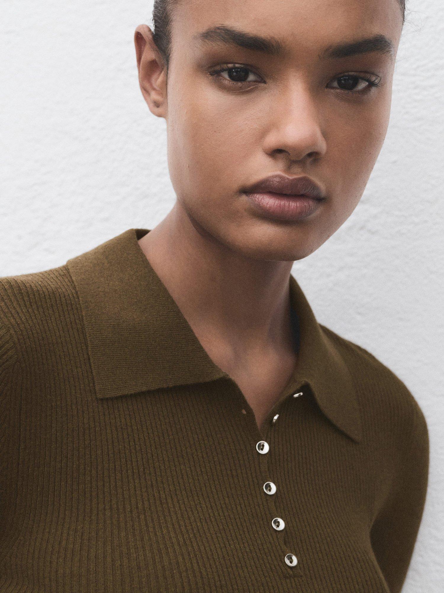 Product image 6 of 7, which shows Mango Twenties Ribbed Polo Knit Top, Khaki, XXS