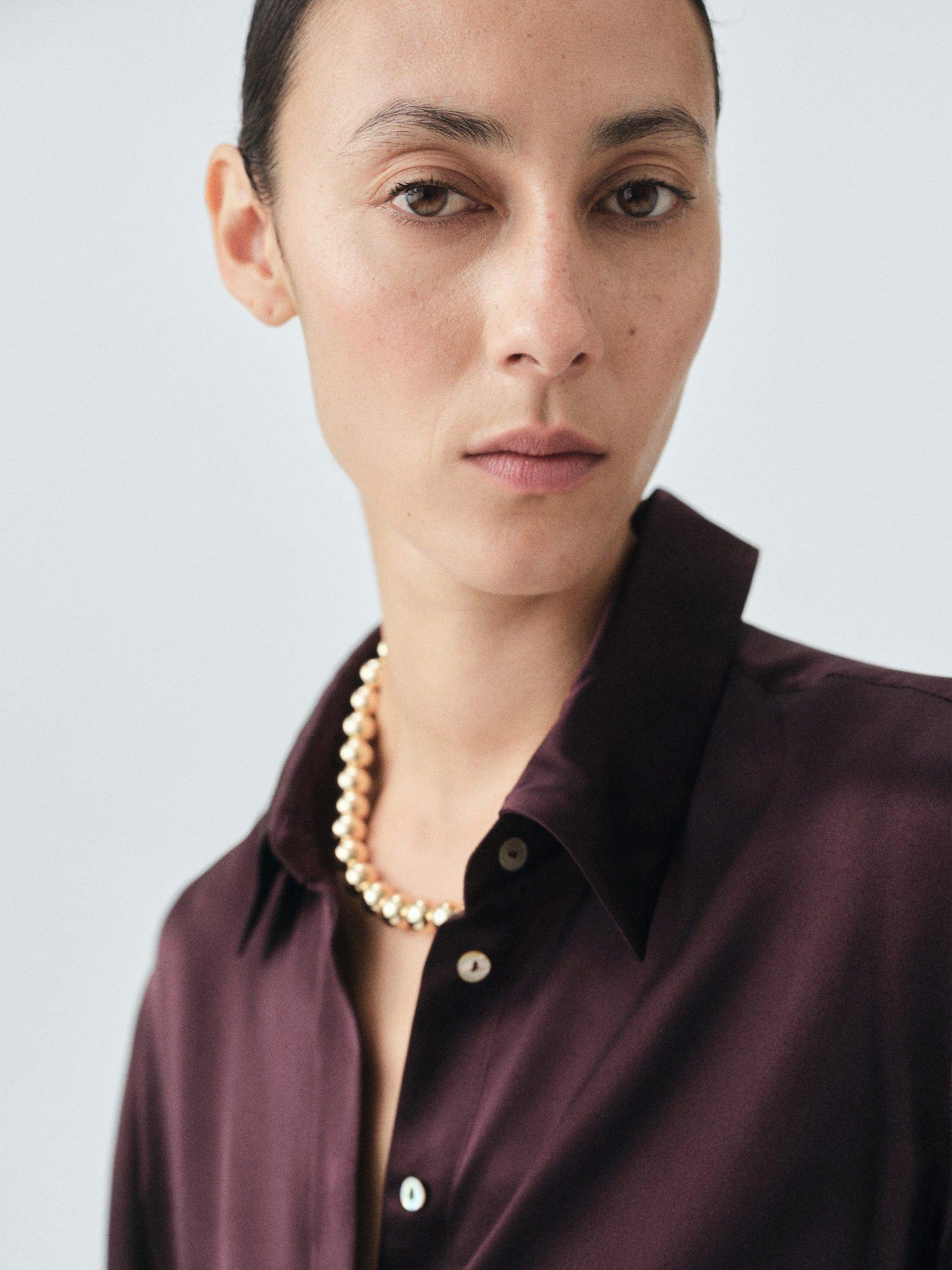 Product image 6 of 8, which shows Mango Adriana Pure Silk Satin Shirt, Medium Brown, 8