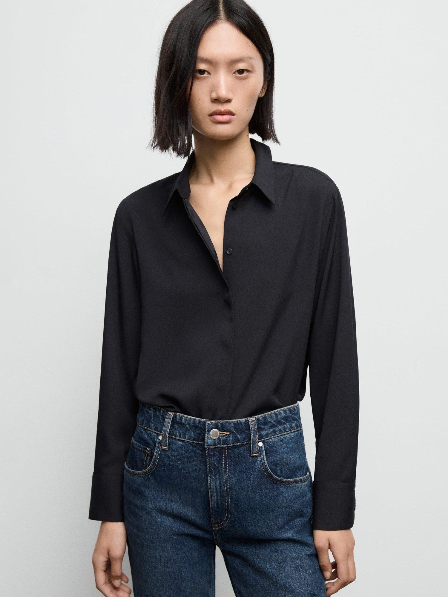 Product image 1 of 9, which shows Mango Basic Fluid Long Sleeve Shirt, Black, 8