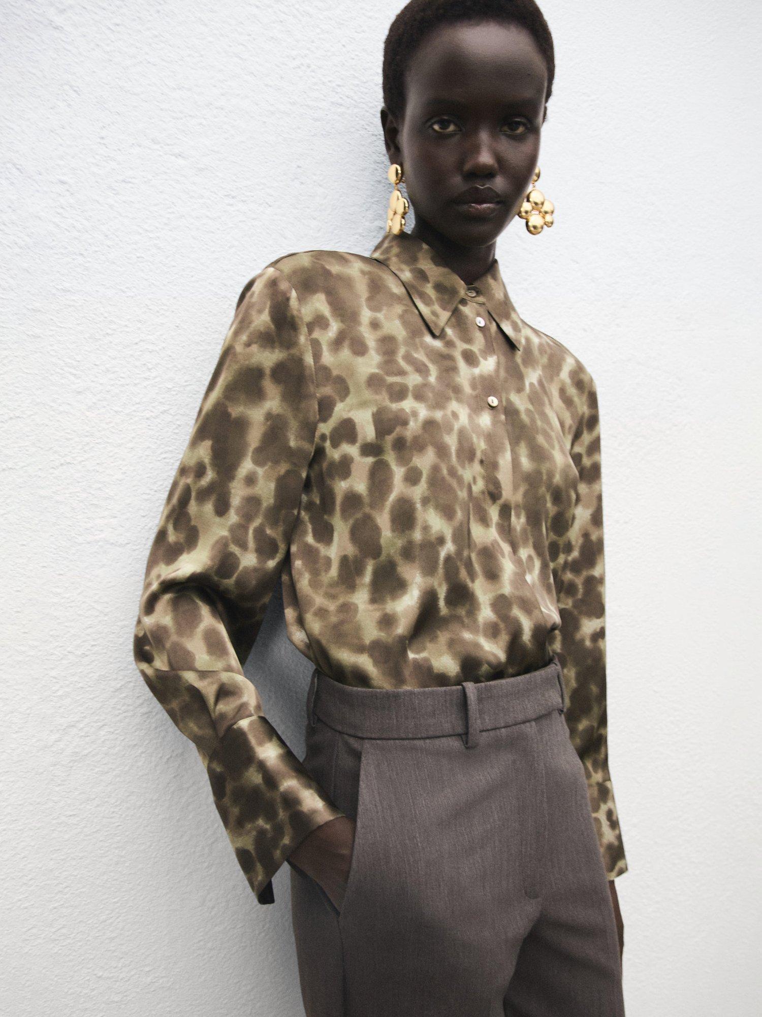 Product image 1 of 8, which shows Mango Camila Spot Satin Shirt, Brown, 26