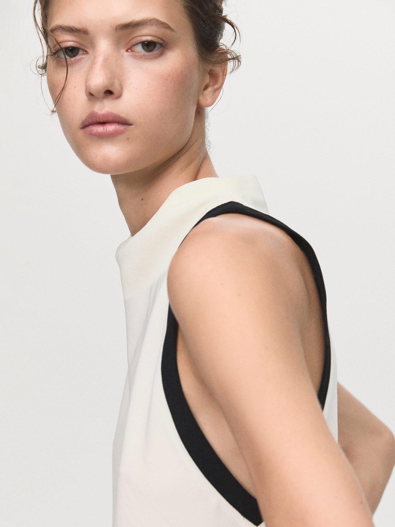 Product image 6 of 7, which shows Mango Dulce Drape Colour Contrast Top, Light Beige, 10