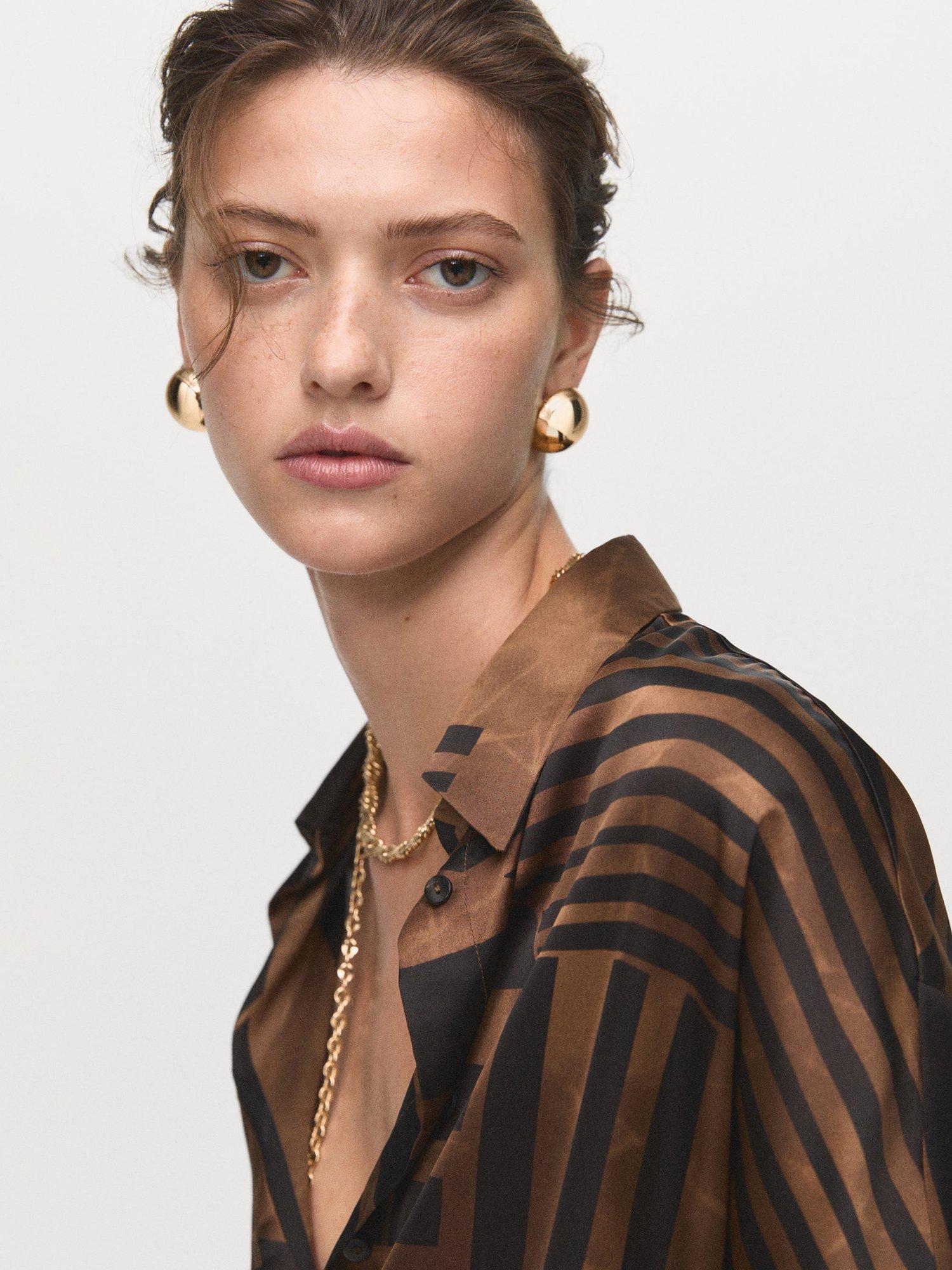 Product image 6 of 8, which shows Mango Trini Stripe Satin Shirt, Brown, 10