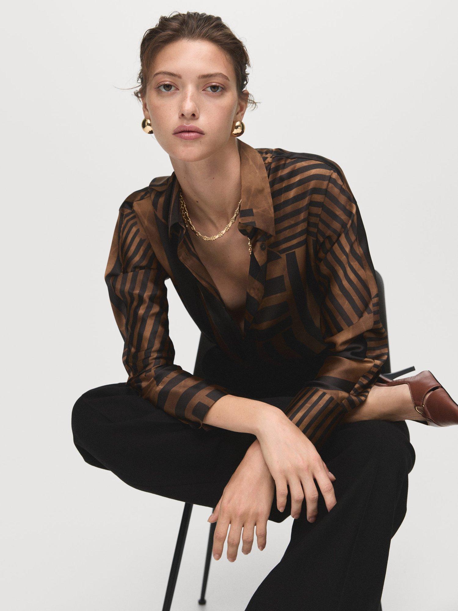 Product image 7 of 8, which shows Mango Trini Stripe Satin Shirt, Brown, 10