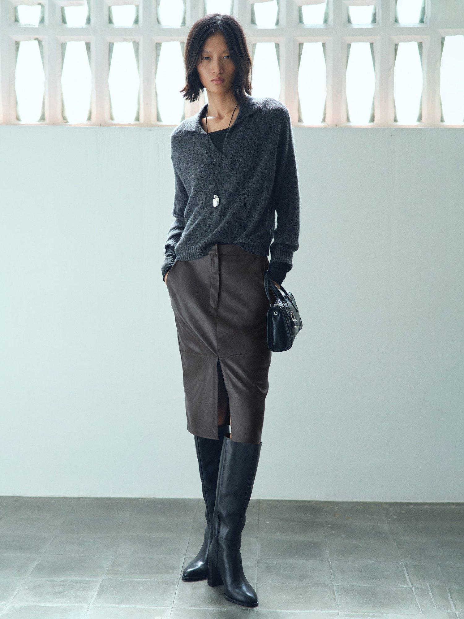 Product image 2 of 8, which shows Mango Faux Leather Pencil Skirt, Dark Brown, 10