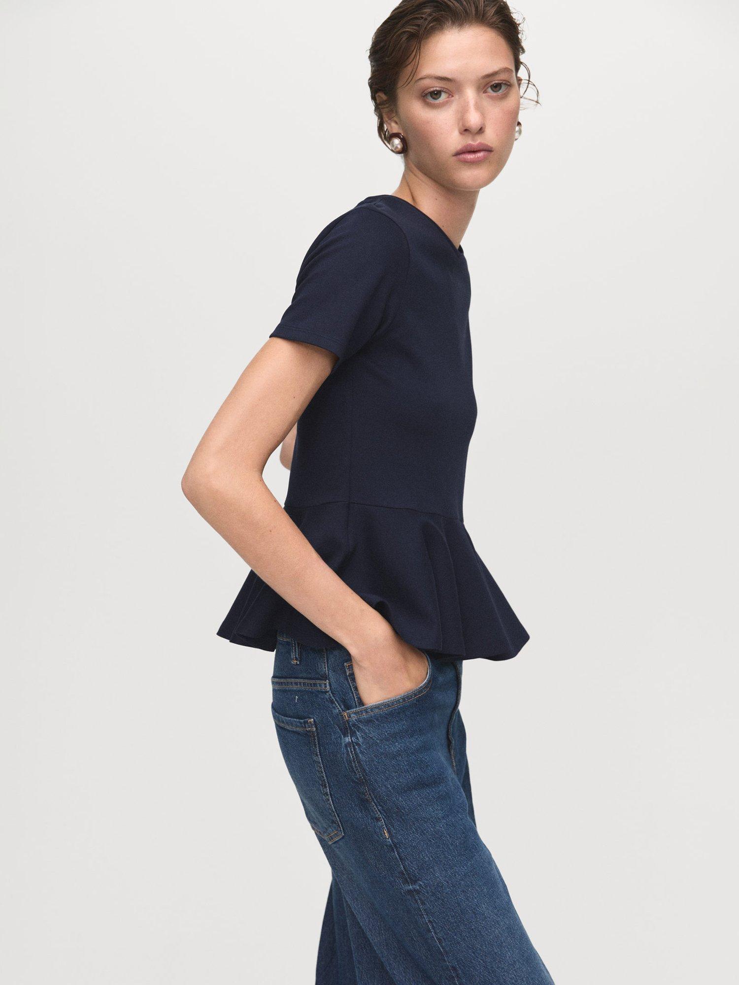 Product image 1 of 7, which shows Mango Pepla Peplum Hem Top, Navy, L