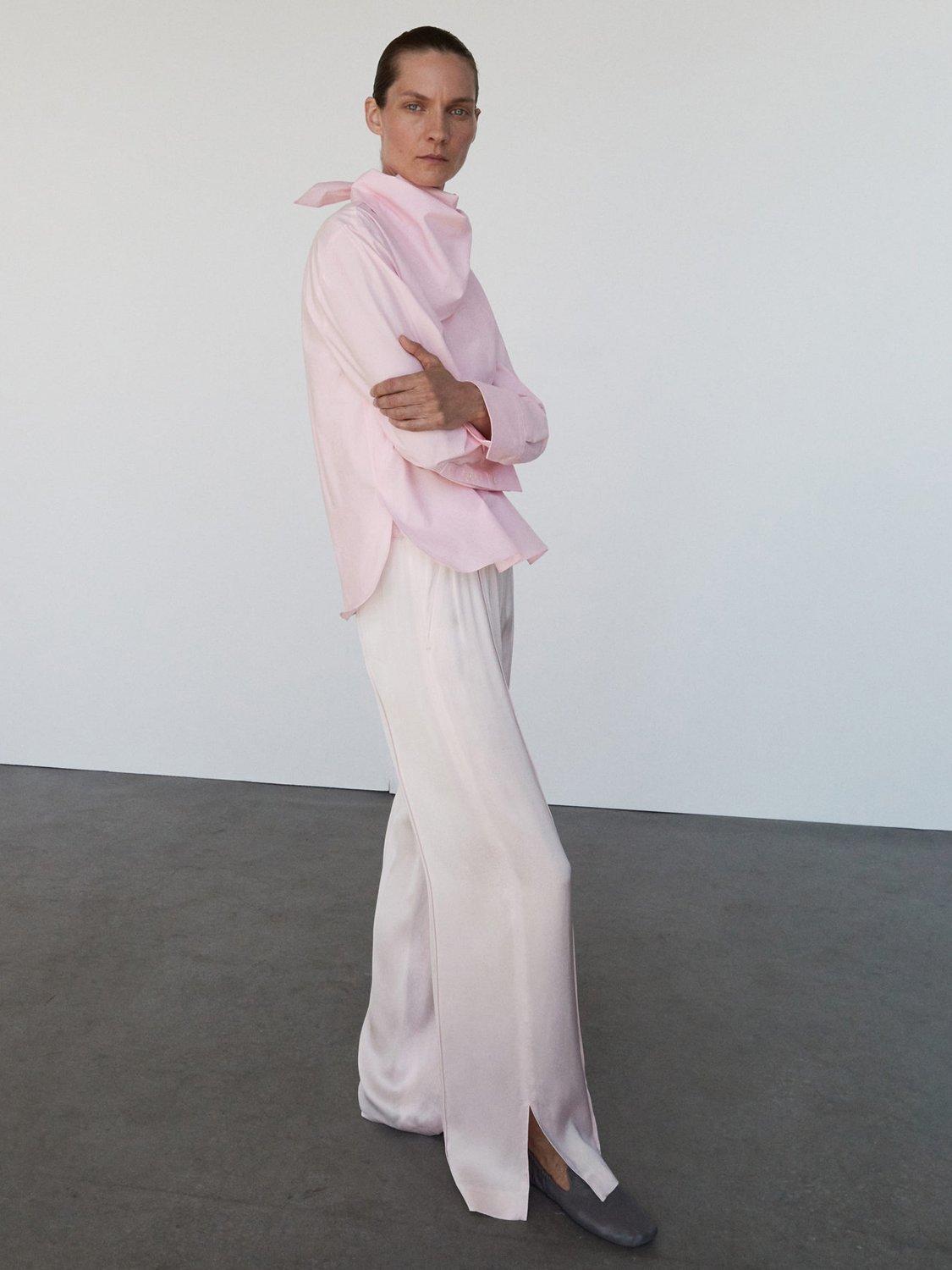 Product image 1 of 5, which shows Mango Berlin Satin Trousers, Pastel Pink, XS
