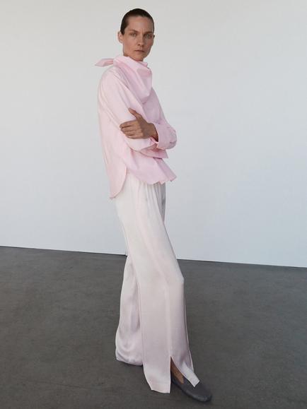 Mango Berlin Satin Trousers, Pastel Pink