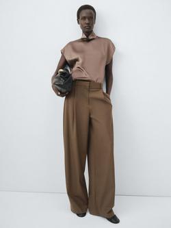 Mango Iris Pleat Tailored Trousers, Medium Brown, Medium Brown
