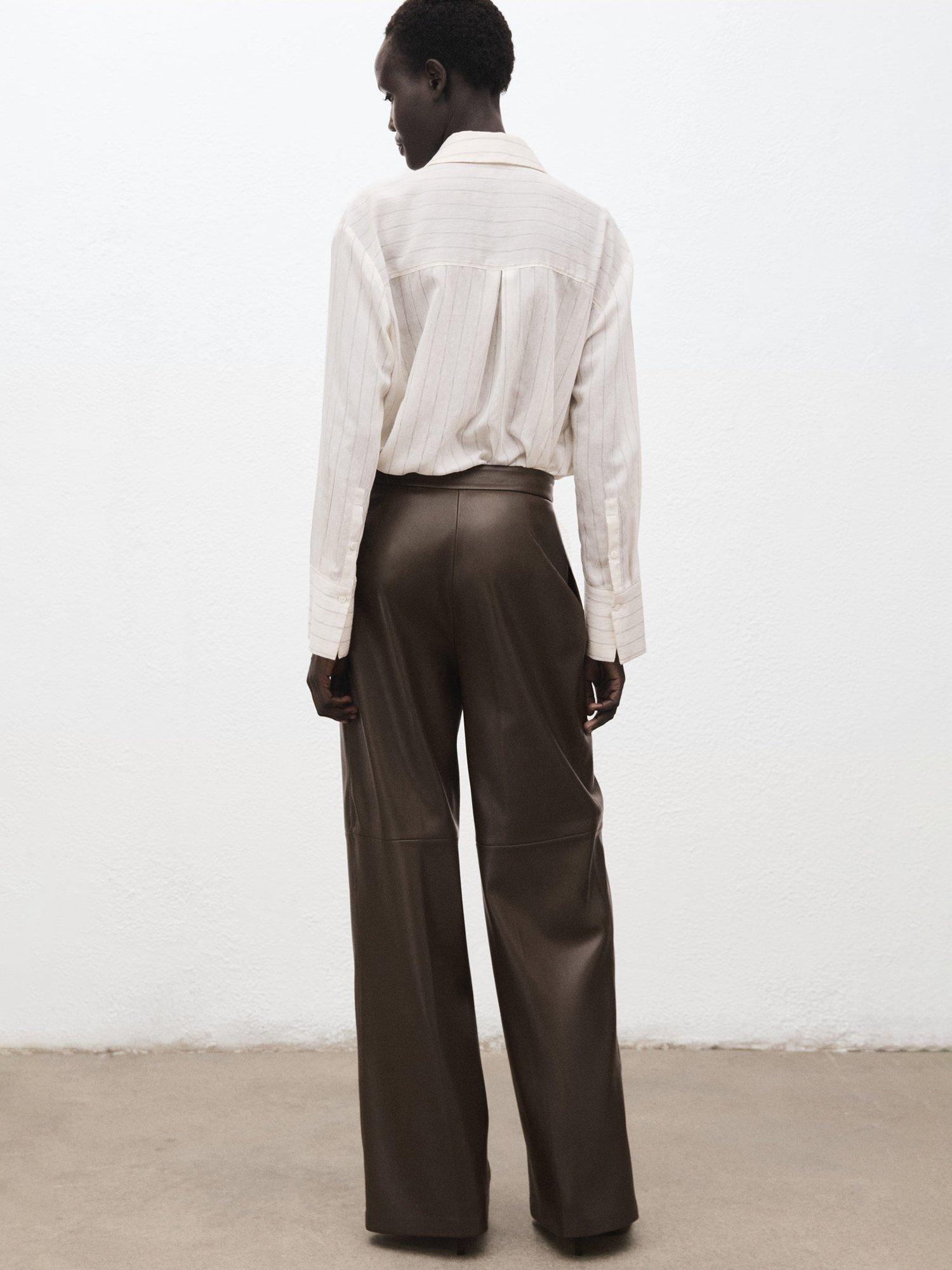 Product image 4 of 8, which shows Mango Riga Faux Leather Trousers, Khaki, 12