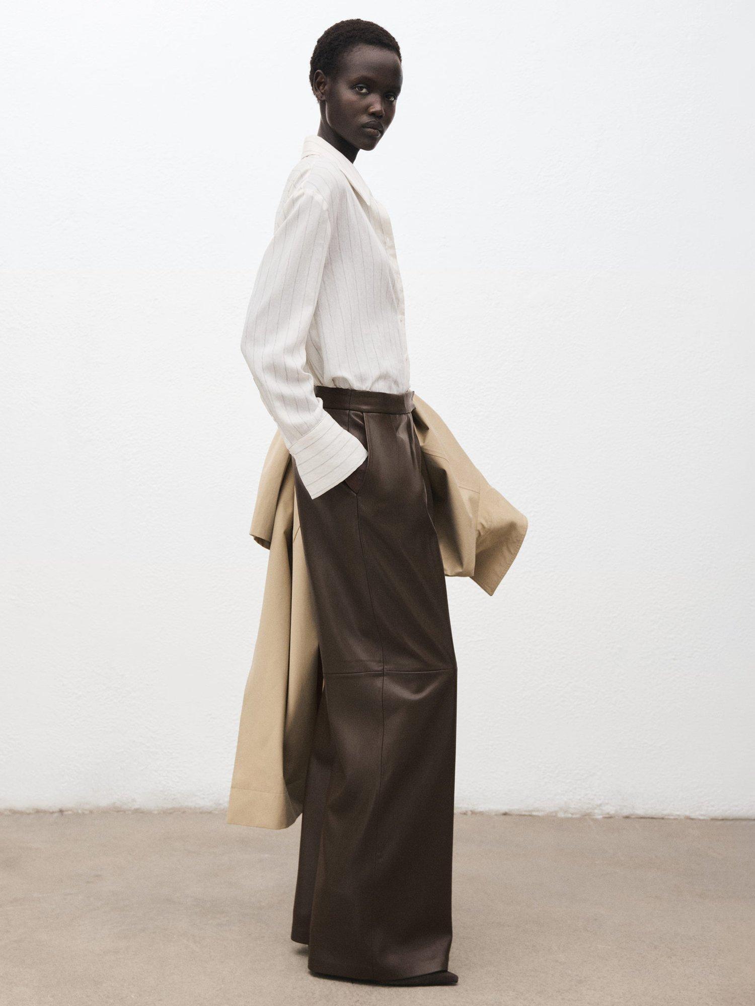Product image 7 of 8, which shows Mango Riga Faux Leather Trousers, Khaki, 12