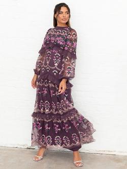 Maya Deluxe Sheer Sleeve Round Neck Tulle Ruffle Maxi Dress, Berry