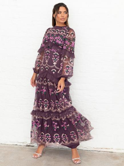 Maya Deluxe Sheer Sleeve Round Neck Tulle Ruffle Maxi Dress, Berry