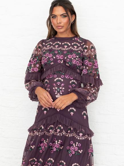 Maya Deluxe Sheer Sleeve Round Neck Tulle Ruffle Maxi Dress - view 2, Berry