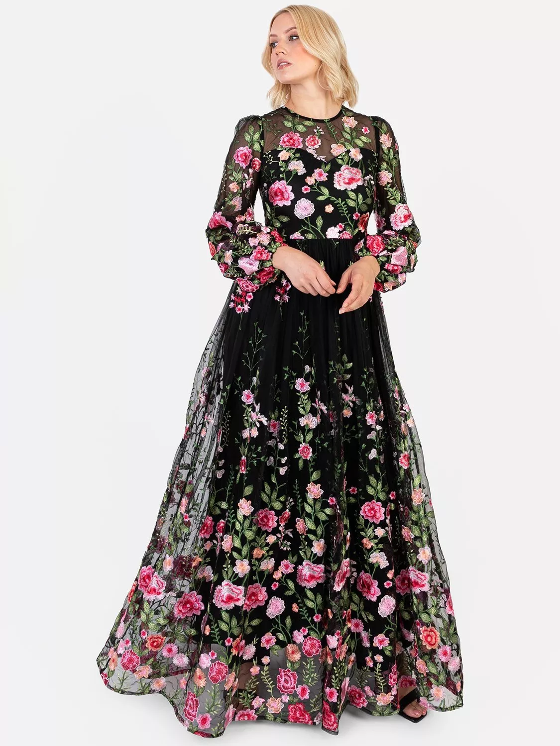 long sleeve floral embroidered dress Baltic Born Womens Jolie Embroidered Tulle Dress | Sage + Gold Floral | Color: Topaz Ombre Floral main image 1