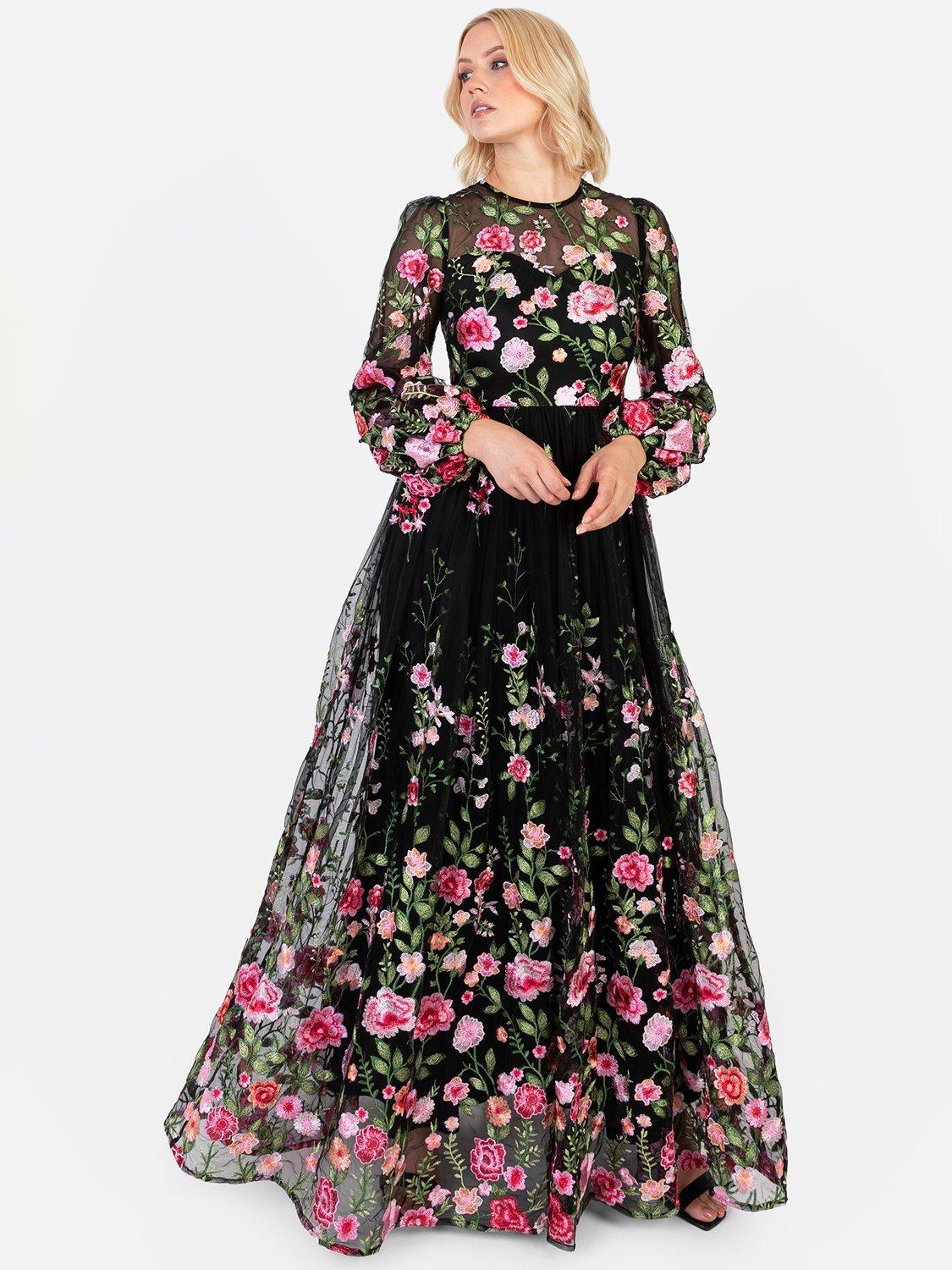 Maya Deluxe Floral Embroidered Blouson Sleeve Maxi Dress, Black Multi