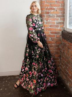 Maya Deluxe Floral Embroidered Blouson Sleeve Maxi Dress, Black Multi - view 2, Black Multi