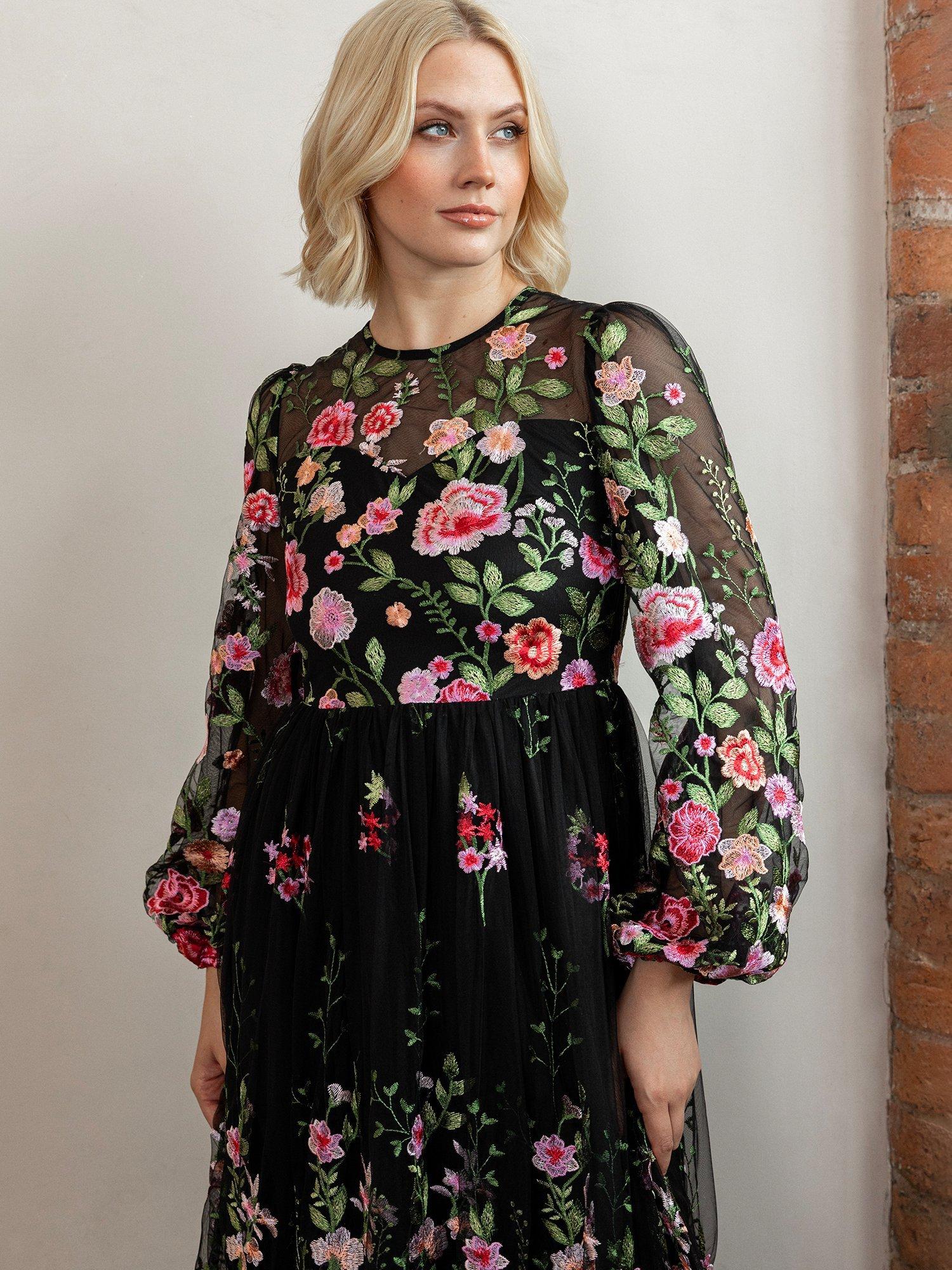 Maya Deluxe Floral Embroidered Blouson Sleeve Maxi Dress, Black Multi