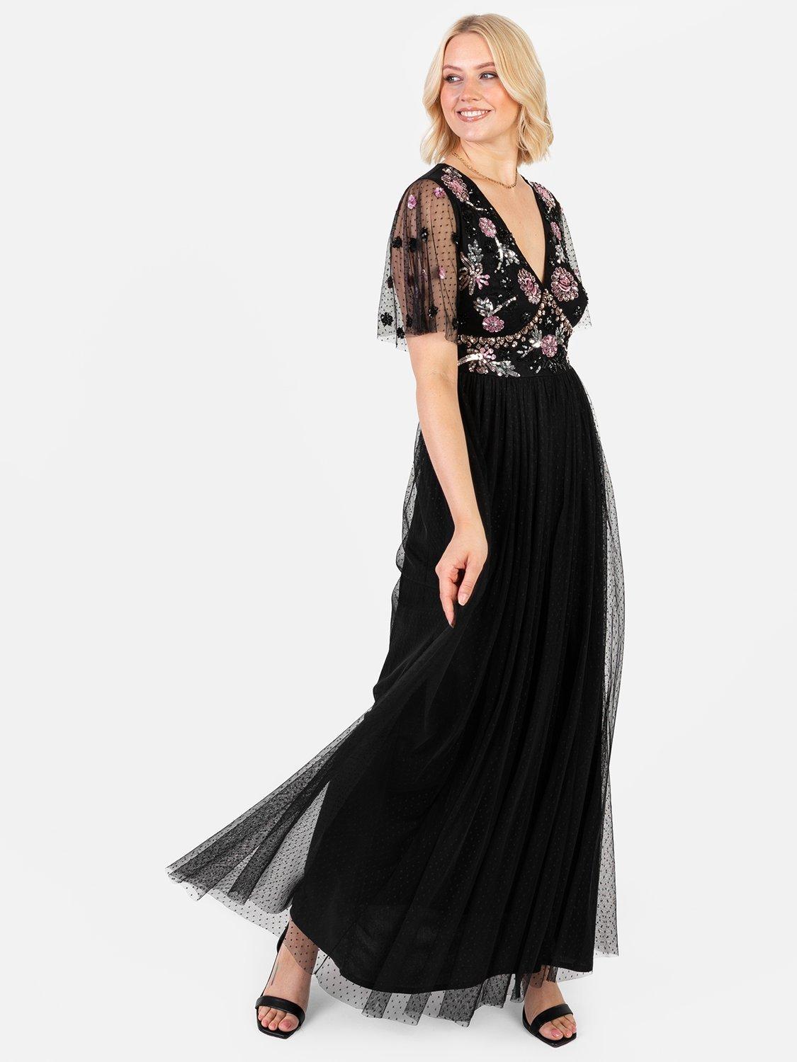 Maya Deluxe Embellished Spot Mesh Maxi Dress, Black
