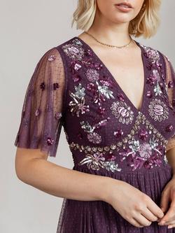 Maya Deluxe Embellished Spot Mesh Maxi Dress, Berry - view 2, Berry