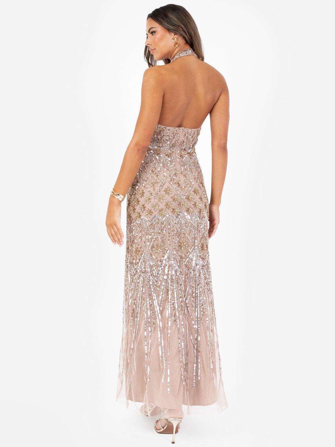 Product image 3 of 6, which shows Maya Deluxe Sleeveless Halterneck Maxi Dress, Taupe Blush, 6