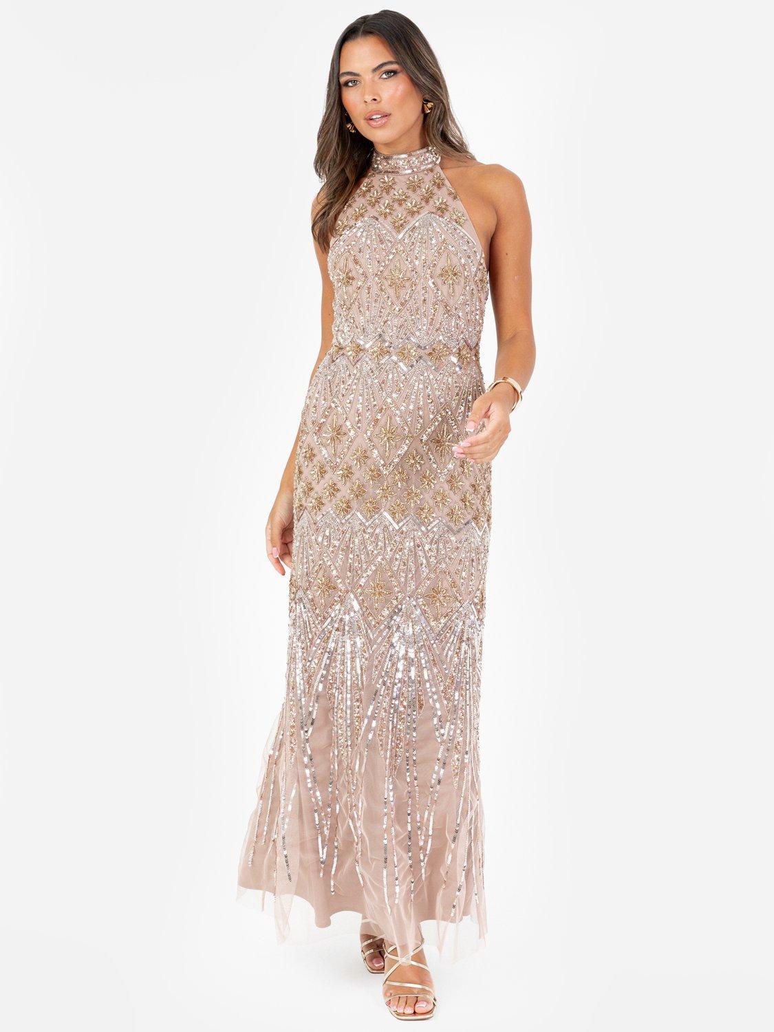 Product image 6 of 6, which shows Maya Deluxe Sleeveless Halterneck Maxi Dress, Taupe Blush, 6