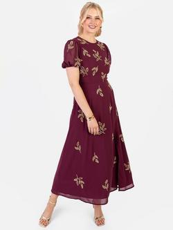 Maya Deluxe Floral Puff Sleeve Round Neck Midi Dress, Cranberry