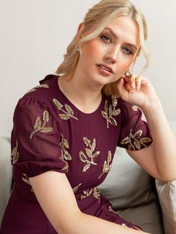 Maya Deluxe Floral Puff Sleeve Round Neck Midi Dress - view 2, Cranberry