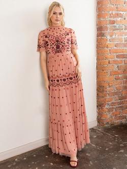 Maya Deluxe Floral Short Sleeve High Neck Maxi Dress, Terracotta Pink