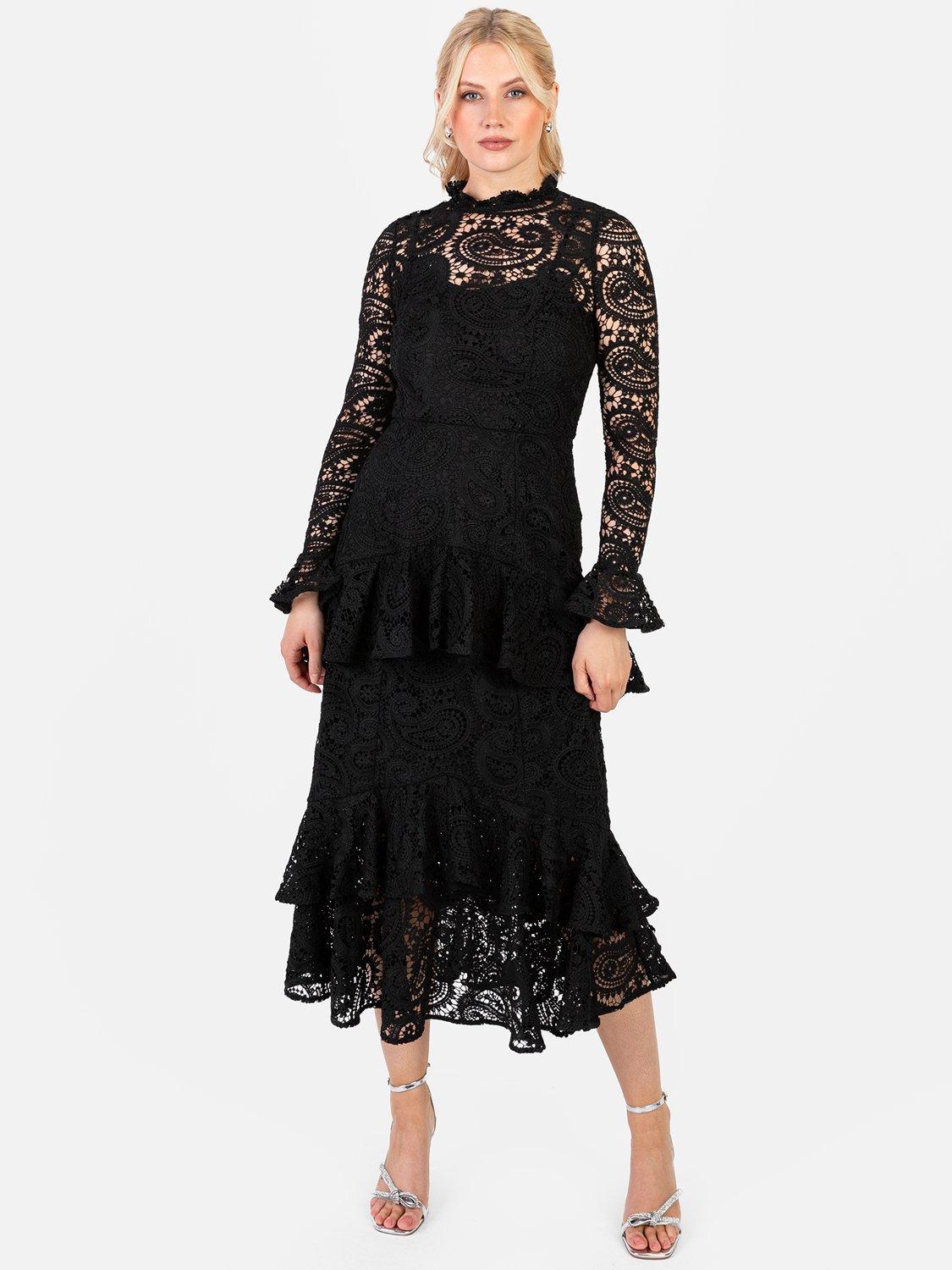 Product image 1 of 6, which shows Maya Deluxe Lace Ruffle Midaxi Dress, Black, 6
