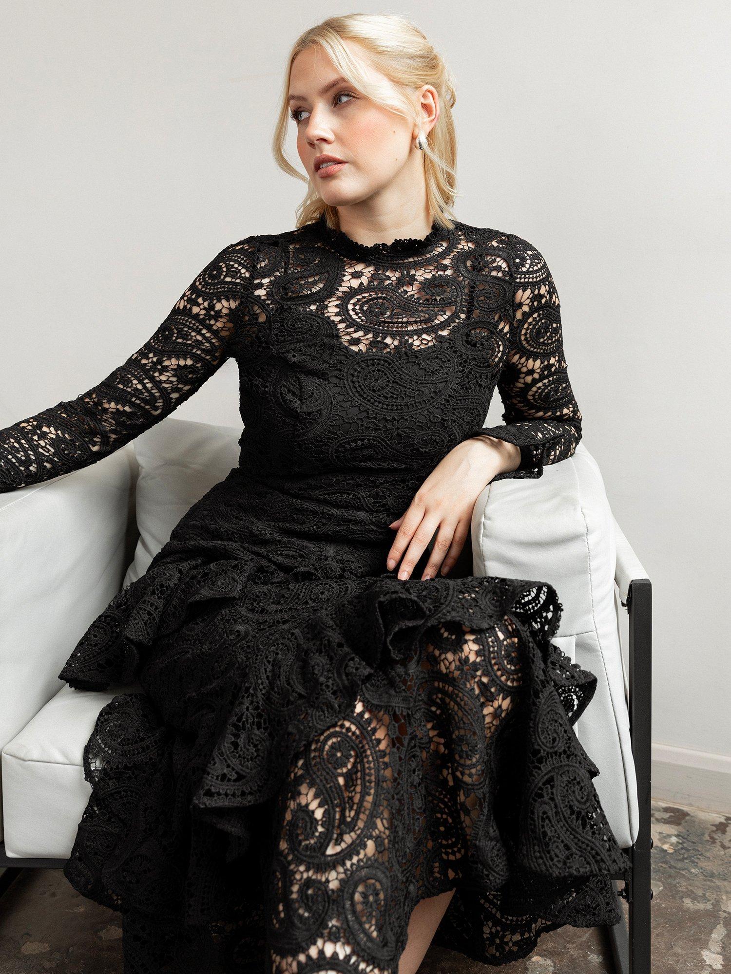 Product image 2 of 6, which shows Maya Deluxe Lace Ruffle Midaxi Dress, Black, 6