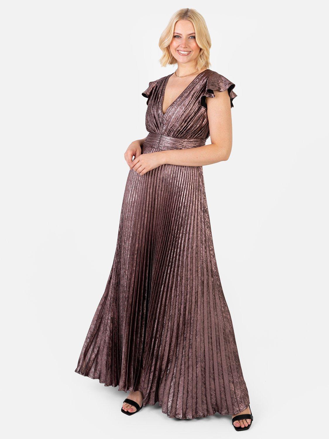 green emerald velvet dress Metallic Strapless Pleated Gown in Rose Gold – Modsele