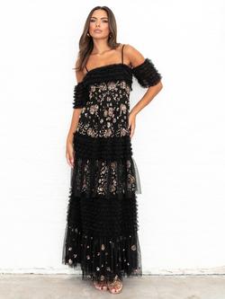 Maya Deluxe Bardot Ruffle Maxi Dress, Black, Black
