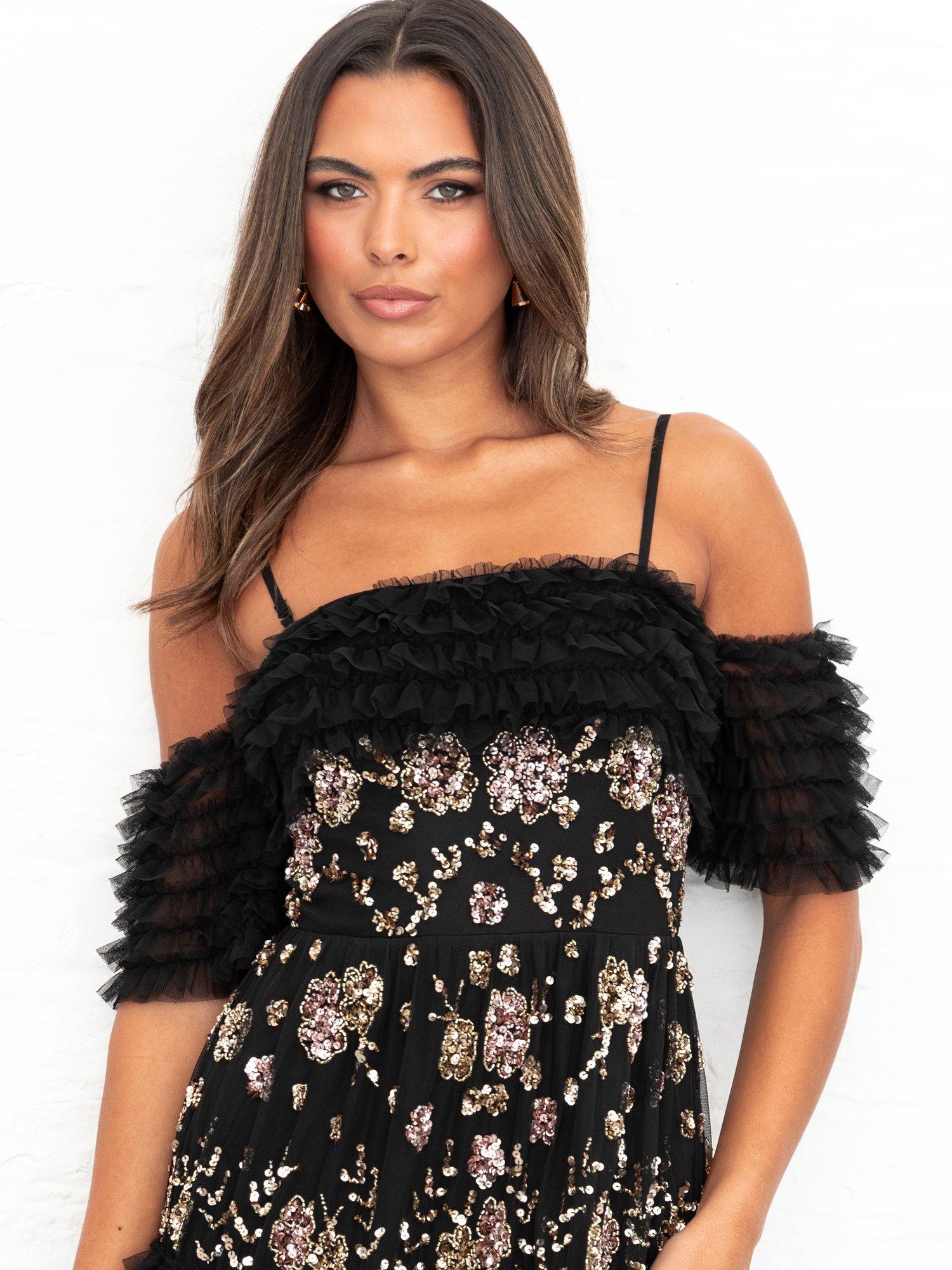 Product image 2 of 5, which shows Maya Deluxe Bardot Ruffle Maxi Dress, Black, 6