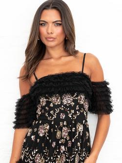 Maya Deluxe Bardot Ruffle Maxi Dress, Black - view 2, Black
