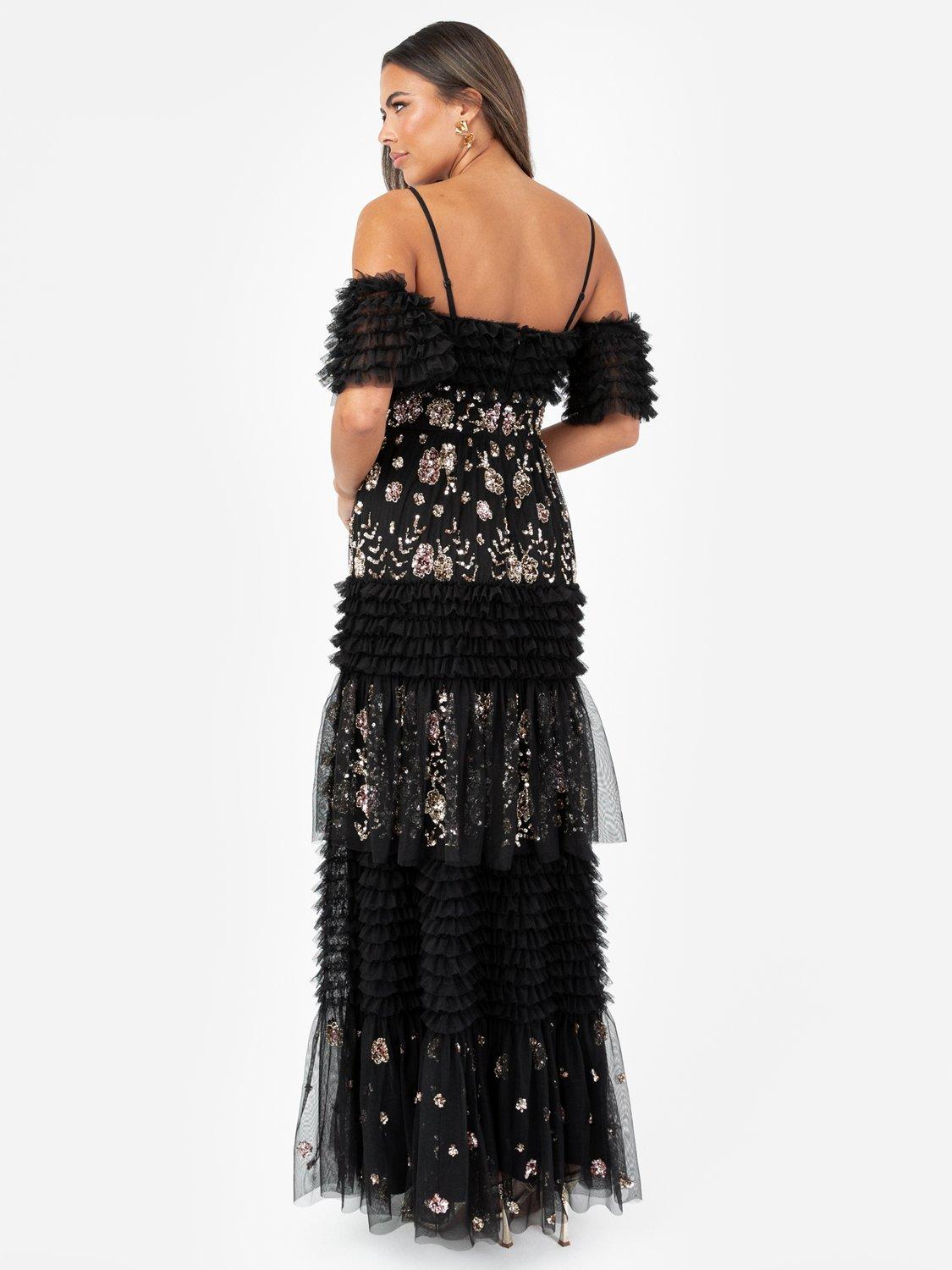 Product image 3 of 5, which shows Maya Deluxe Bardot Ruffle Maxi Dress, Black, 6