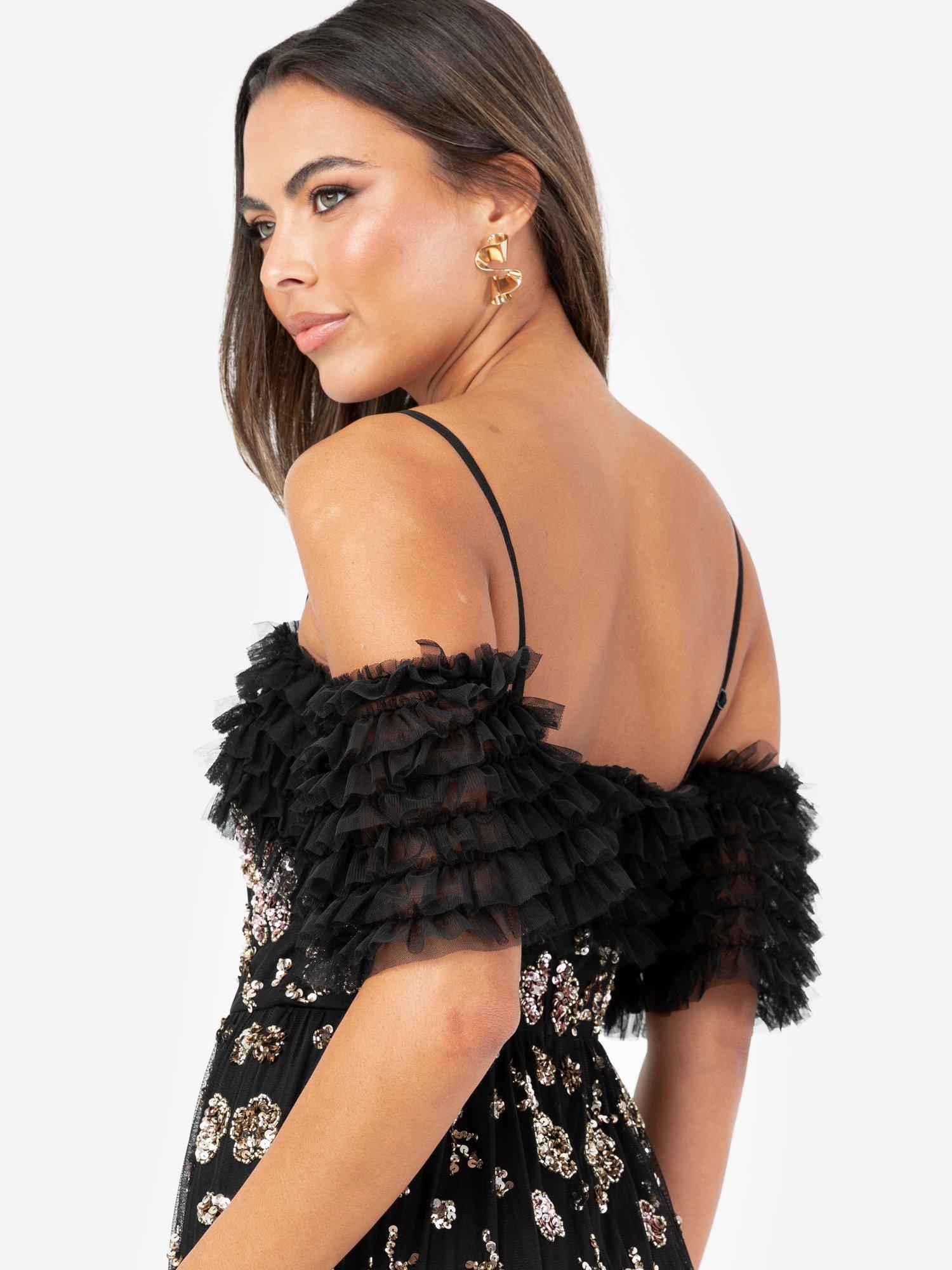 Product image 4 of 5, which shows Maya Deluxe Bardot Ruffle Maxi Dress, Black, 6