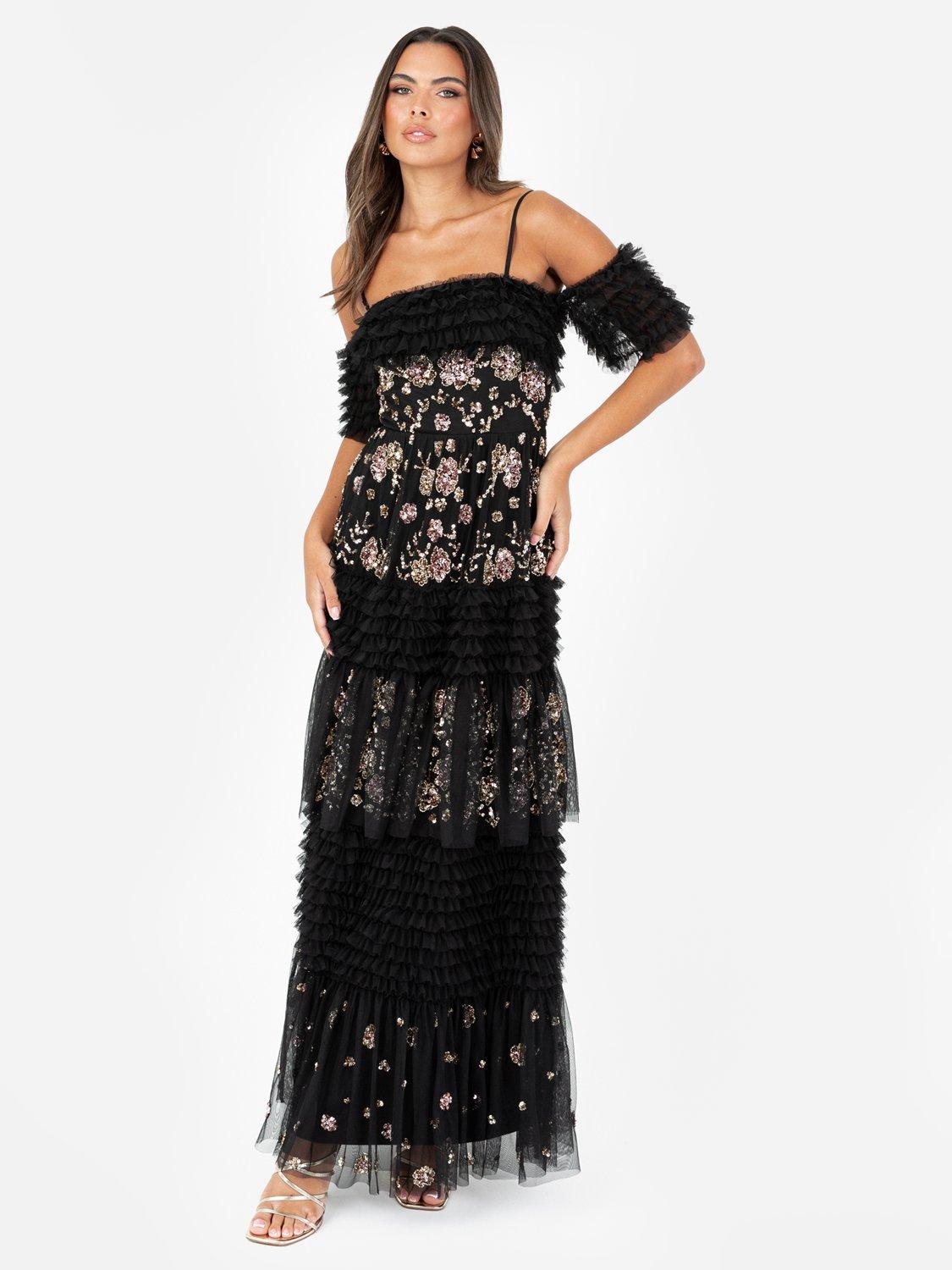 Product image 5 of 5, which shows Maya Deluxe Bardot Ruffle Maxi Dress, Black, 6