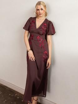 Maya Deluxe Floral Puff Sleeve V Neck Midi Dress, Brown