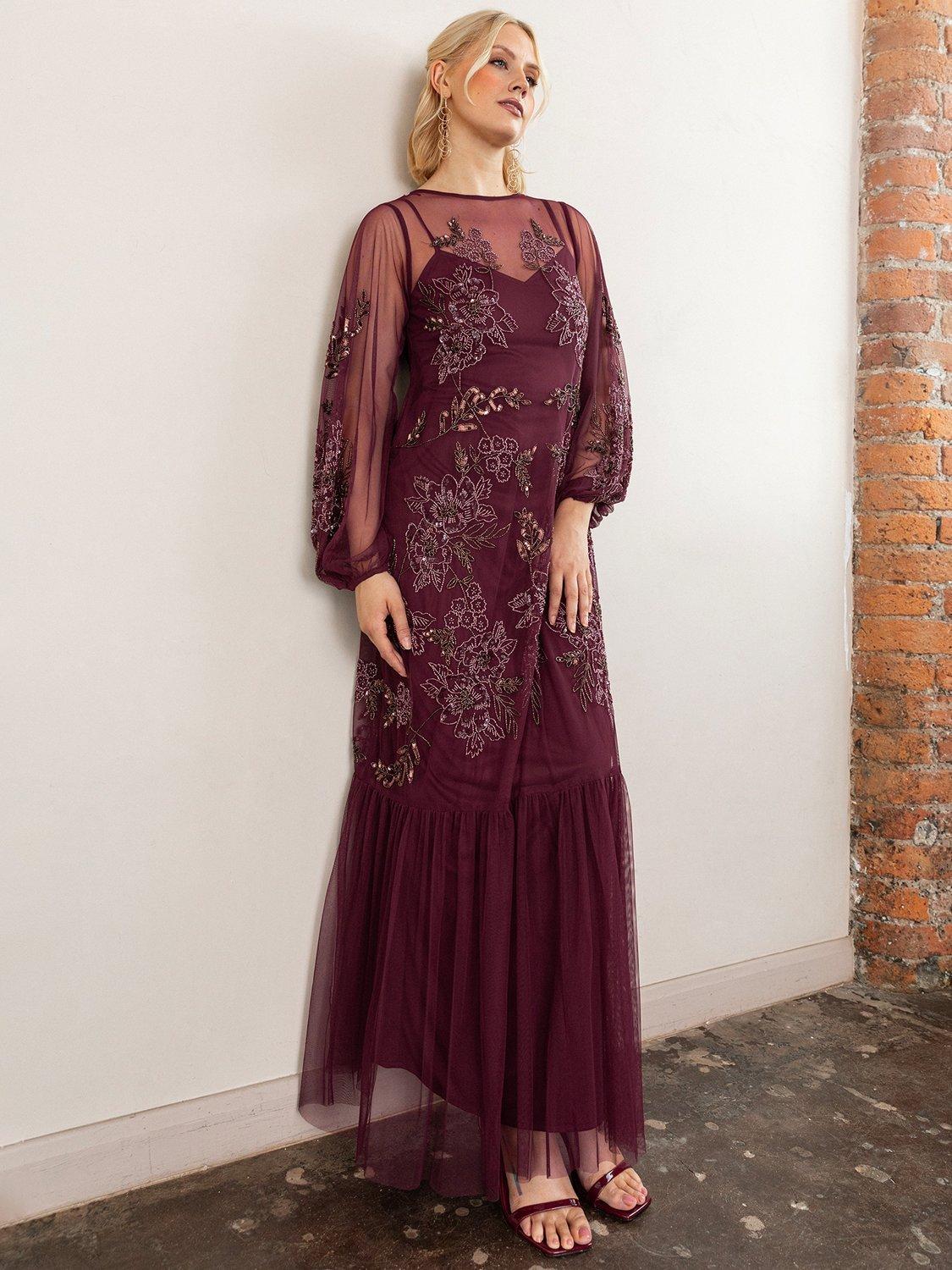 knee length dresses for ladies Maya Ivory Fully Embellished V Neck Long Sleeve Bridal Maxi Dress – Maya  Deluxe