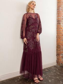 Maya Deluxe Floral Long Sleeve Round Neck Maxi Dress, Cranberry